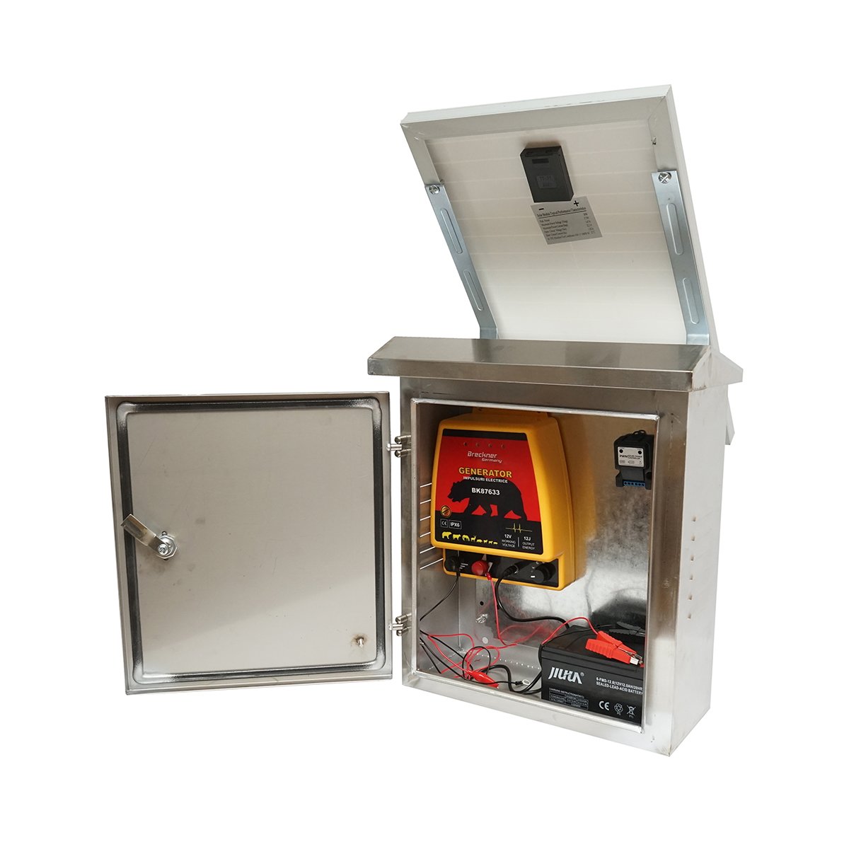 Aparat generator impulsuri 12 Joule, DC12V/220V. cu panou solar 30W si baterie 12V 12Ah cutie din inox, pentru gard electric Breckner Germany.